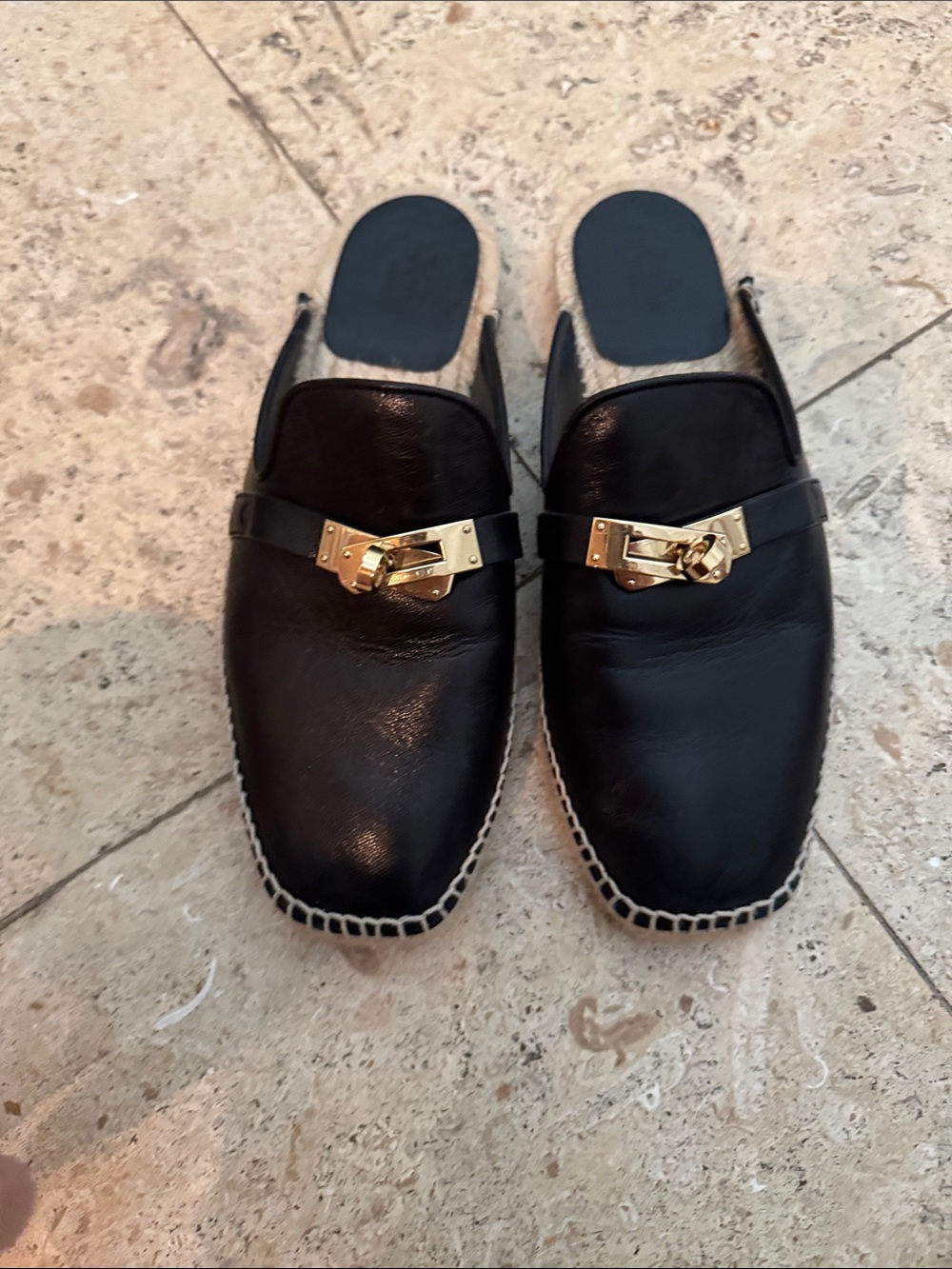 Hermes Black Leather Slip-On Loafers with Gold Hardware